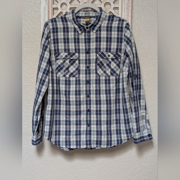 Eddie Bauer women's large nylon LS button up blue plaid shirt outdoors hike camp - Picture 1 of 8
